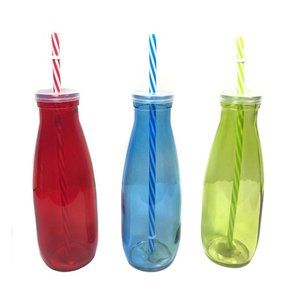 LOT 3 Glass Reusable Milk Bottles with Lid & Straw/ Water Bottle Container NEW